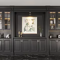 Elegant Black Wine Cabinet With Glass Doors Lighting Decorative Painting And Vase