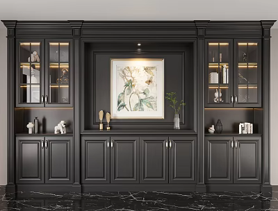 Elegant Black Wine Cabinet With Glass Doors Lighting Decorative Painting And Vase 3d model