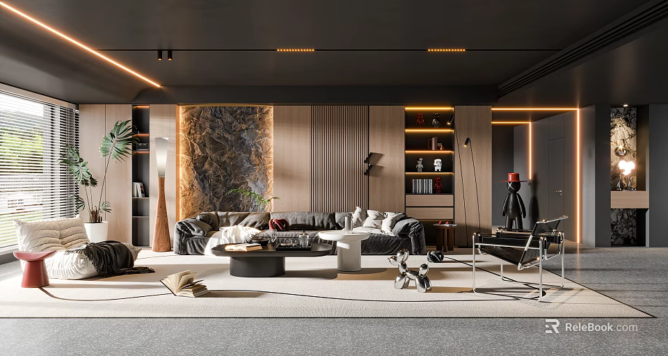 Modern Living Room Interior with Black Sofa Marble Accent Wall Wooden Paneling Geometric Coffee Table 3d model 