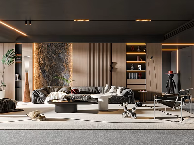 Modern Living Room Interior with Black Sofa Marble Accent Wall Wooden Paneling Geometric Coffee Table 3d model