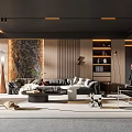 Modern Living Room Interior with Black Sofa Marble Accent Wall Wooden Paneling Geometric Coffee Table