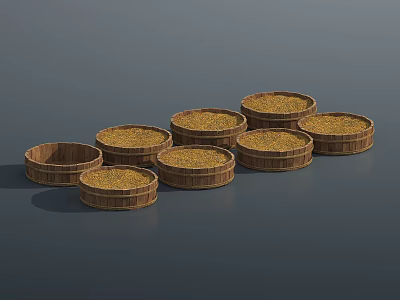 Garden Decorative Round Woven Wooden Baskets Filled with Yellow Grains on Gray Background 3d model