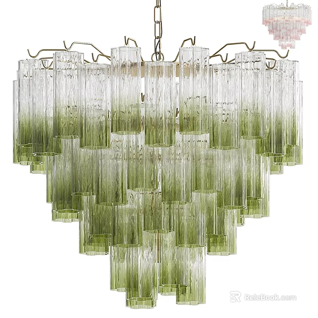 Elegant Modern Layered Chandelier With Green Gradient Glass Columns Design 3d model 