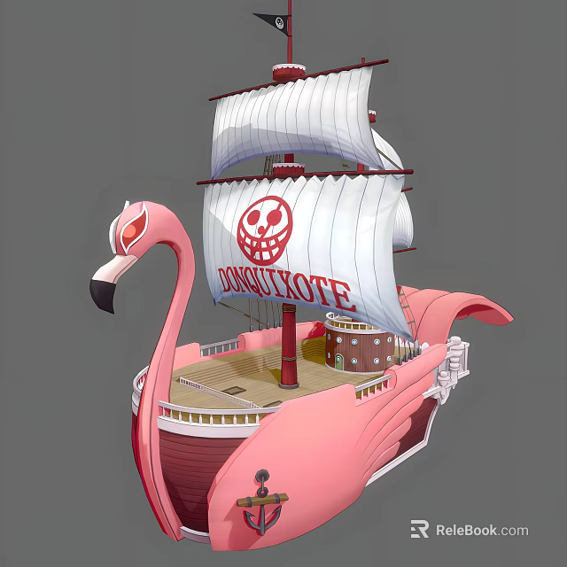 Pink Pirate Ship With DONQUIXOTE Sail Skull Logo And Flamingo Head Design 3d model 
