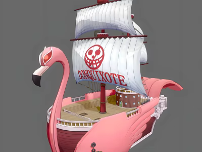 Pink Pirate Ship With DONQUIXOTE Sail Skull Logo And Flamingo Head Design 3d model
