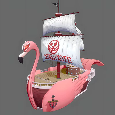 Pink Pirate Ship With DONQUIXOTE Sail Skull Logo And Flamingo Head Design 3d model