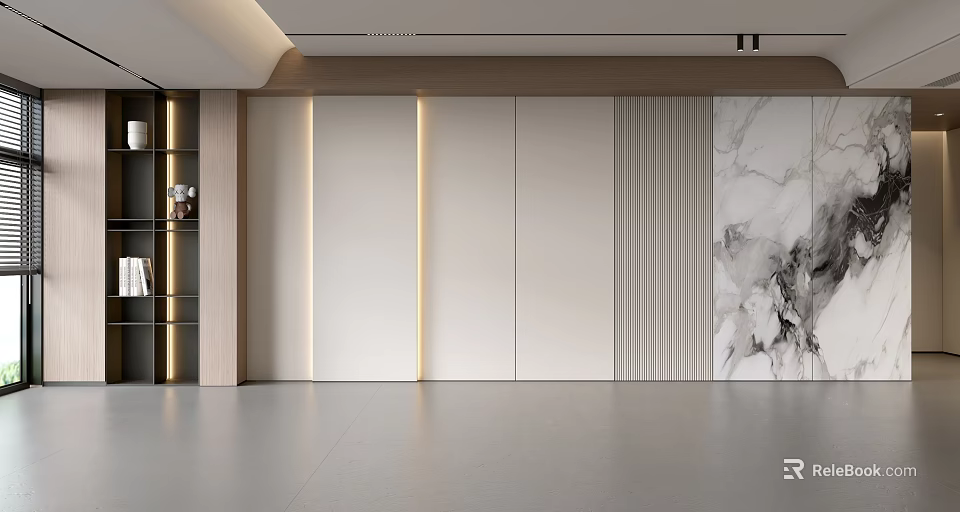 Modern Interior Feature Wall With Lighting Strips Light Colored Panels And Marble Texture 3d model