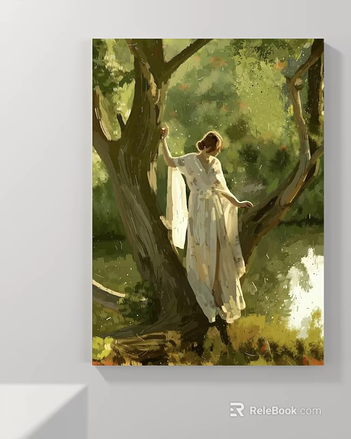 Landscape Painting Featuring Woman In White Dress Standing Between Trees With Woodland And Water Surface 3d model 