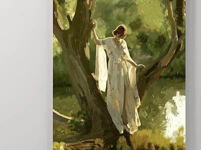 Landscape Painting Featuring Woman In White Dress Standing Between Trees With Woodland And Water Surface 3d model