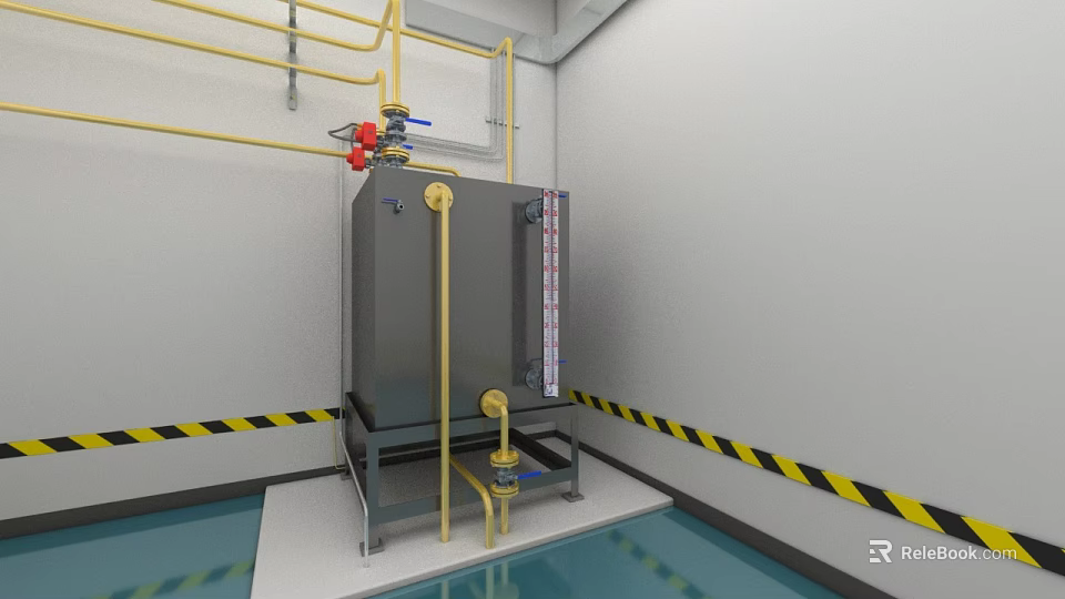 Large Gray Industrial Equipment With Yellow Pipes Valves And Warning Tape In Facility 3d model 