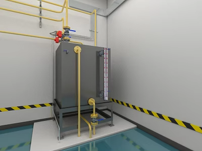 Large Gray Industrial Equipment With Yellow Pipes Valves And Warning Tape In Facility 3d model