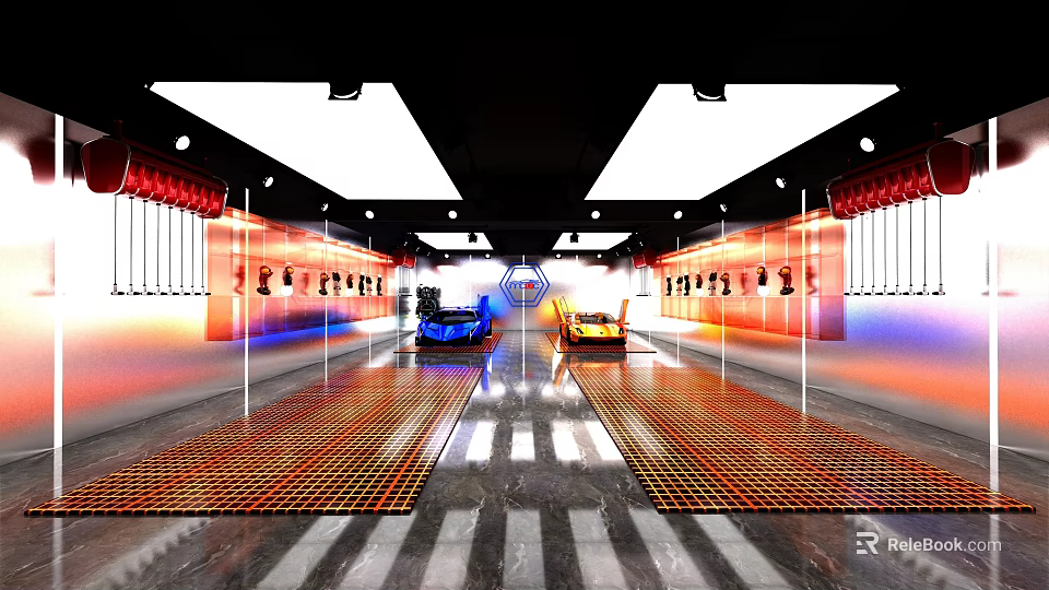 Modern Auto Showroom With Blue Orange Cars Grid Floor Display Shelves And Ceiling Lights 3d model 