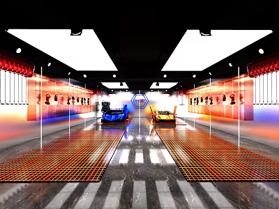Modern Auto Showroom With Blue Orange Cars Grid Floor Display Shelves And Ceiling Lights 3d model