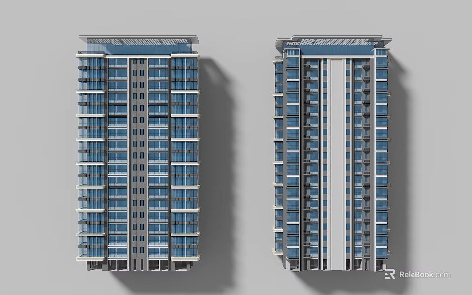 Modern Twin High Rise Residential Buildings With Glass Windows And Balconies 3d model 