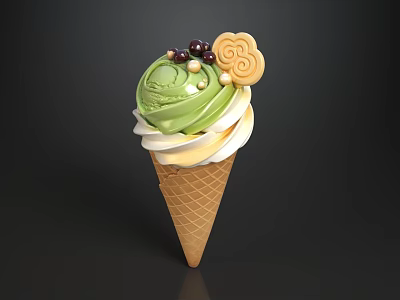 Creamy Matcha Ice Cream In Crispy Waffle Cone With Tasty Pearl And Biscuit Toppings 3d model