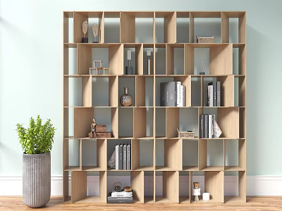 Modern Wooden Bookshelf with Grid Compartments and Decorative Items Near Green Plant 3d model