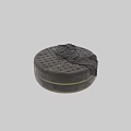 Round Tufted Gray Ottoman With Gold Metal Ring And Knitted Blanket Decoration
