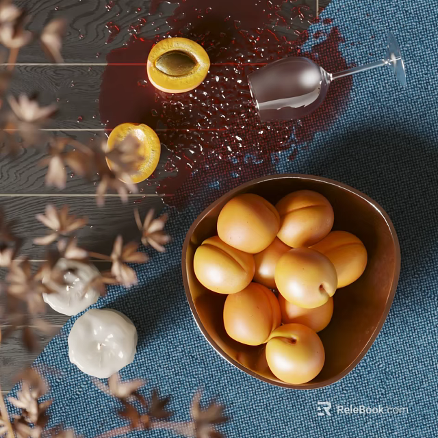 Fresh Ripe Apricots in Wooden Bowl on Blue Table with Wine Glass and Dried Plants 3d model 