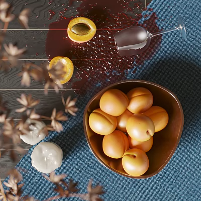 Fresh Ripe Apricots in Wooden Bowl on Blue Table with Wine Glass and Dried Plants 3d model