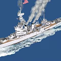 American Battleship Sailing On Blue Sea With Smoke Billowing And Flag Flying