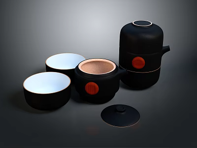 Modern Black Kitchenware Set With Red Accent Bowls Pot And Lidded Container 3d model