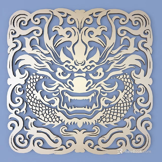 Elaborate Dragon Head Metal Carving With Intricate Scroll Patterns On Blue Background 3d model