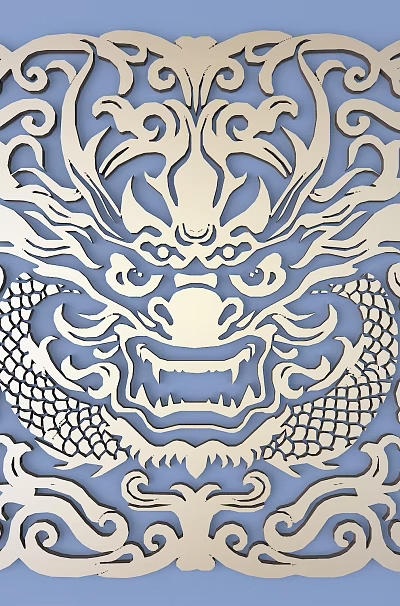 Elaborate Dragon Head Metal Carving With Intricate Scroll Patterns On Blue Background 3d model