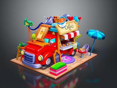 Cartoon Red Food Truck Serving Coffee With Umbrella And Plants 3d model