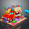 Cartoon Red Food Truck Serving Coffee With Umbrella And Plants