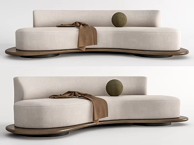 Modern Beige Upholstered Sectional Sofa With Wooden Base Throw Blanket And Decorative Ball 3d model