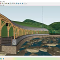 Outdoor Wooden Pergola With Arched Design White Canopy Surrounded By Trees And Stream Walkway
