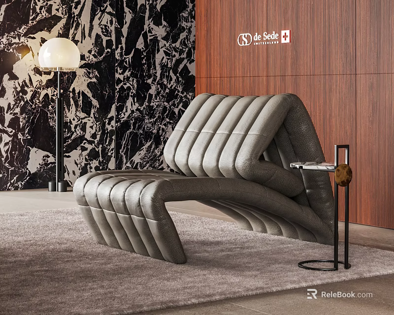 Modern Gray Leather Lounge Chair With Striped Design On Rug And Abstract Wall 3d model 