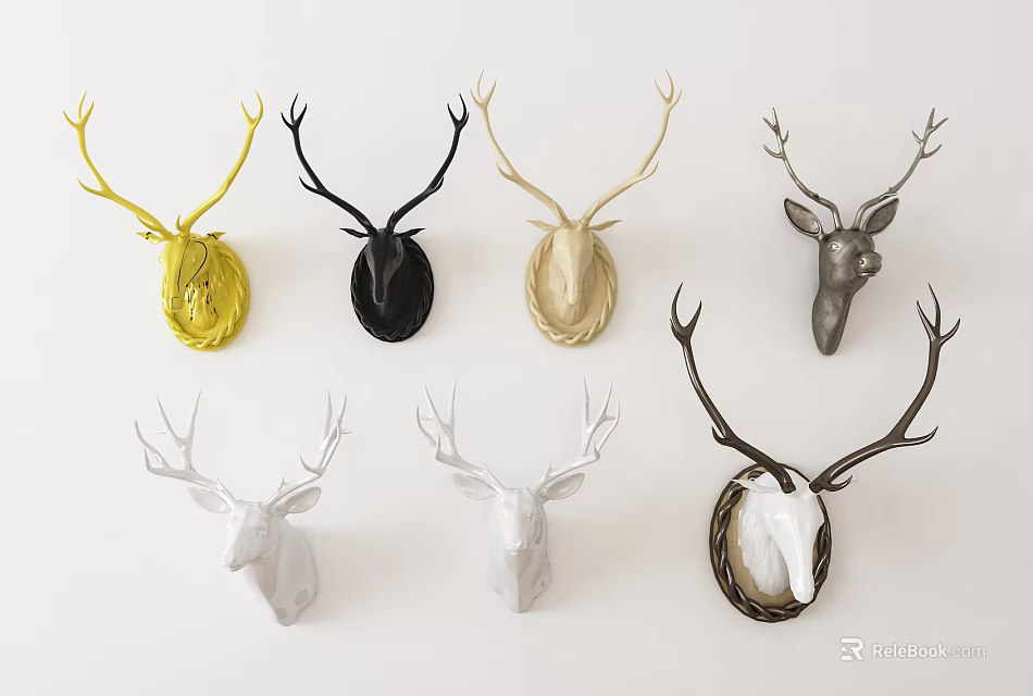 Decorative Animal Wall Decor With Multiple Color Deer Heads And Antlers 3d model 