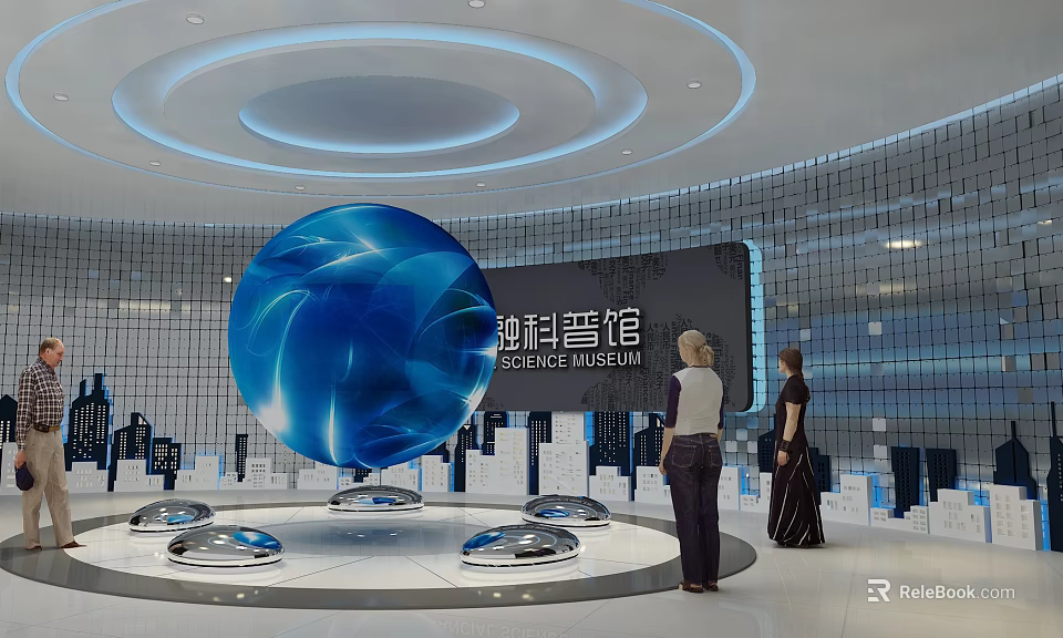 Modern Science Museum Exhibition Hall With Large Blue Sphere And Visitors 3d model 
