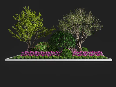 Roadside Square Flower Bed Facilities With Trees Shrubs And Purple Flowers 3d model