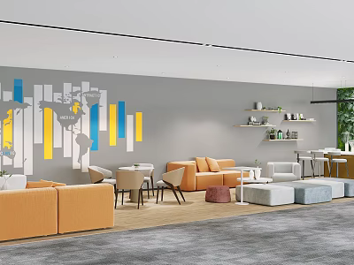Modern Lounge Area Interior With Orange Sofas Colorful Decorative Wall Wooden Floor And Green Plants 3d model