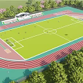 Modern Soccer Field With Red Track Stands Green Lawn And Surrounding Trees