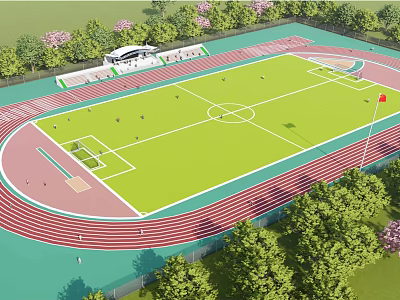 Modern Soccer Field With Red Track Stands Green Lawn And Surrounding Trees 3d model