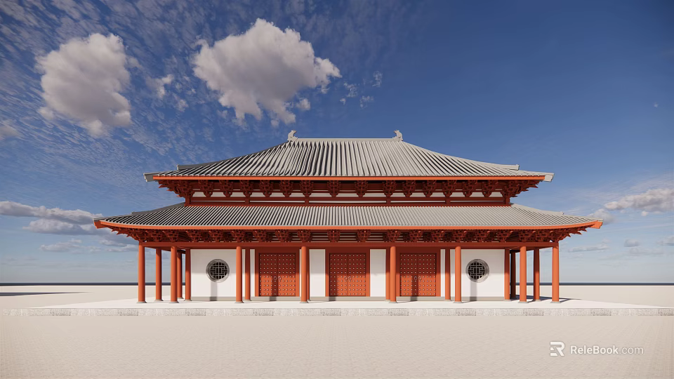 Ancient Chinese Architecture with Double-Decker Roof Red Pillars Gray Tiles Under Blue Sky White Clouds 3d model 