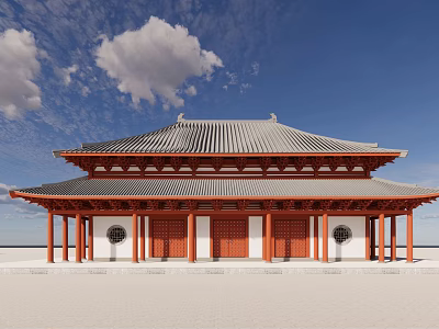 Ancient Chinese Architecture with Double-Decker Roof Red Pillars Gray Tiles Under Blue Sky White Clouds 3d model