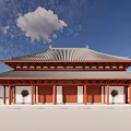 Ancient Chinese Architecture with Double-Decker Roof Red Pillars Gray Tiles Under Blue Sky White Clouds