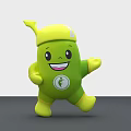 Cute Green and Yellow Doll Featuring Smiling Face and Emblem in Cheerful Dancing Pose