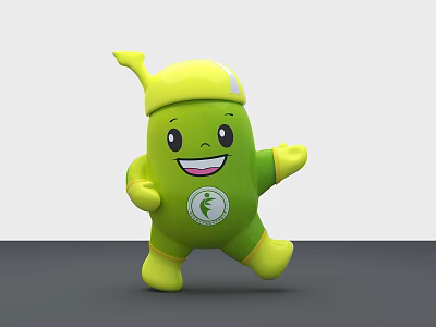 Cute Green and Yellow Doll Featuring Smiling Face and Emblem in Cheerful Dancing Pose 3d model