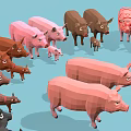 Low Poly Style Pigs In Various Sizes And Colors Standing On Light Blue Background