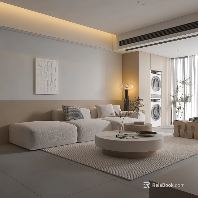 Modern Sofa Coffee Table Combination in Living Room with Soft Rug Decorative Painting and Plants 3d model 