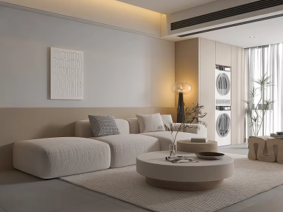 Modern Sofa Coffee Table Combination in Living Room with Soft Rug Decorative Painting and Plants 3d model