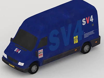 Detailed Blue Van Exterior View With SV4 Logo Stickers And Warning Signs 3d model