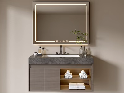 Sleek Modern Bathroom Cabinet With Illuminated Mirror Sink Faucet And Towel Storage 3d model