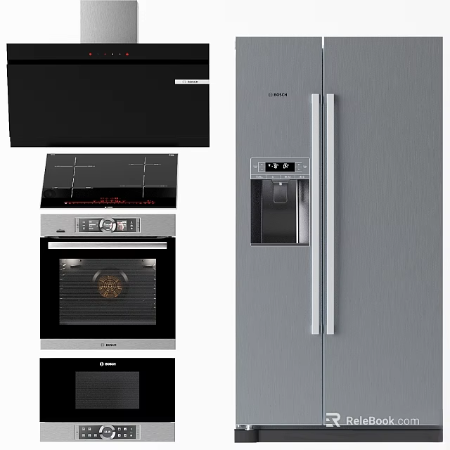 Modern Kitchen Appliances with Black Range Hood Silver Refrigerator Induction Cooktop Oven and Dishwasher 3d model 