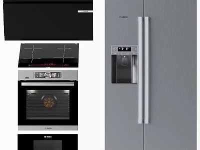 Modern Kitchen Appliances with Black Range Hood Silver Refrigerator Induction Cooktop Oven and Dishwasher 3d model